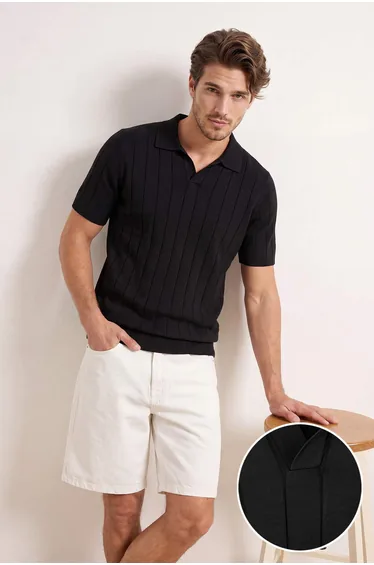 Black Regular/Normal Cut Line Textured Knitwear Polo Neck T-Shirt