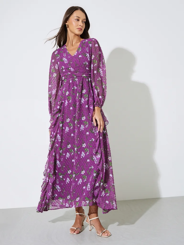 Purple Floral Print Ruffle Details A-Line Maxi Dress