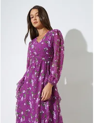Purple Floral Print Ruffle Details A-Line Maxi Dress - 1