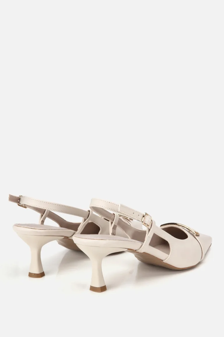 Woman's bone pointed nose gold Buckled open back Stiletto Heel u shoe - 2