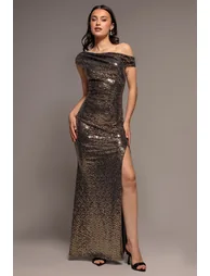 Asymmetric One Shoulder Front Split Sequin Maxi Dress - Gold Multi by Goddiva