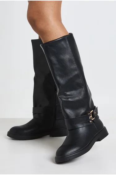 Buckle Detail Chunky Knee High Boots - black
