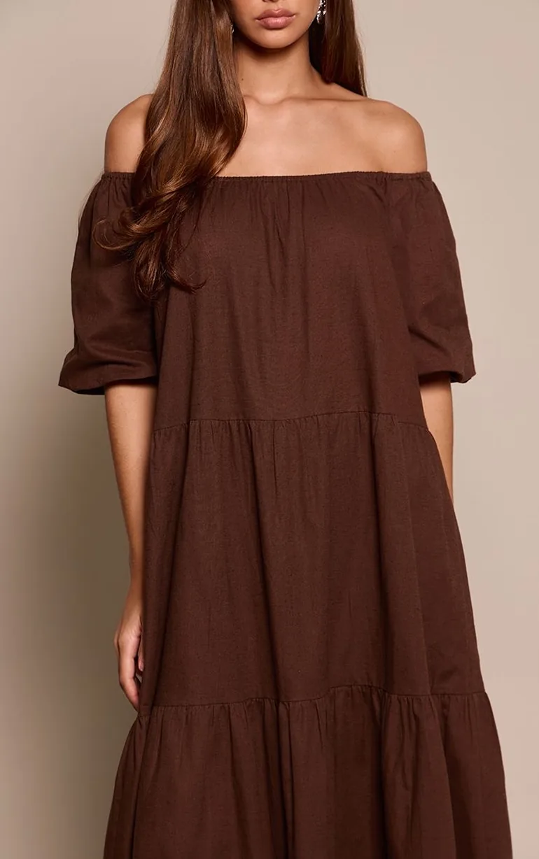 Chocolate Linen Look Bardot Tiered Maxi Dress - 3