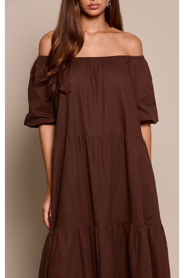 Chocolate Linen Look Bardot Tiered Maxi Dress product thumbnail 4