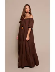 Chocolate Linen Look Bardot Tiered Maxi Dress