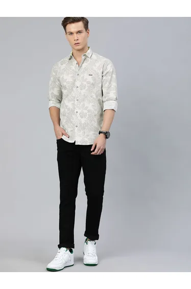Men Grey Slim Fit Tropical Printed Shirt