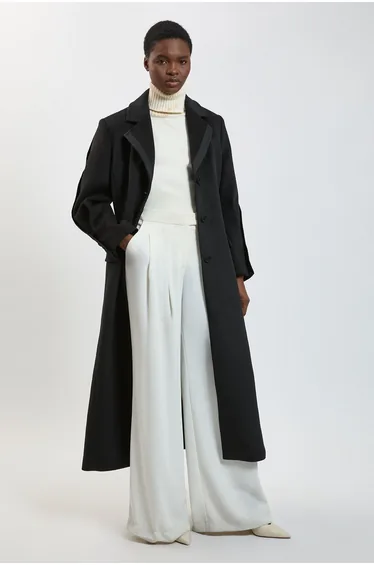 Wool Tailored Midi Full Skirt Satin Detail Coat