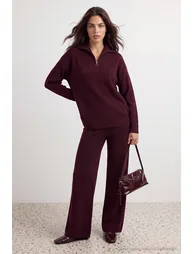 Burgundy Wide Fit Zippered Knitwear Top and Bottom Set - 2