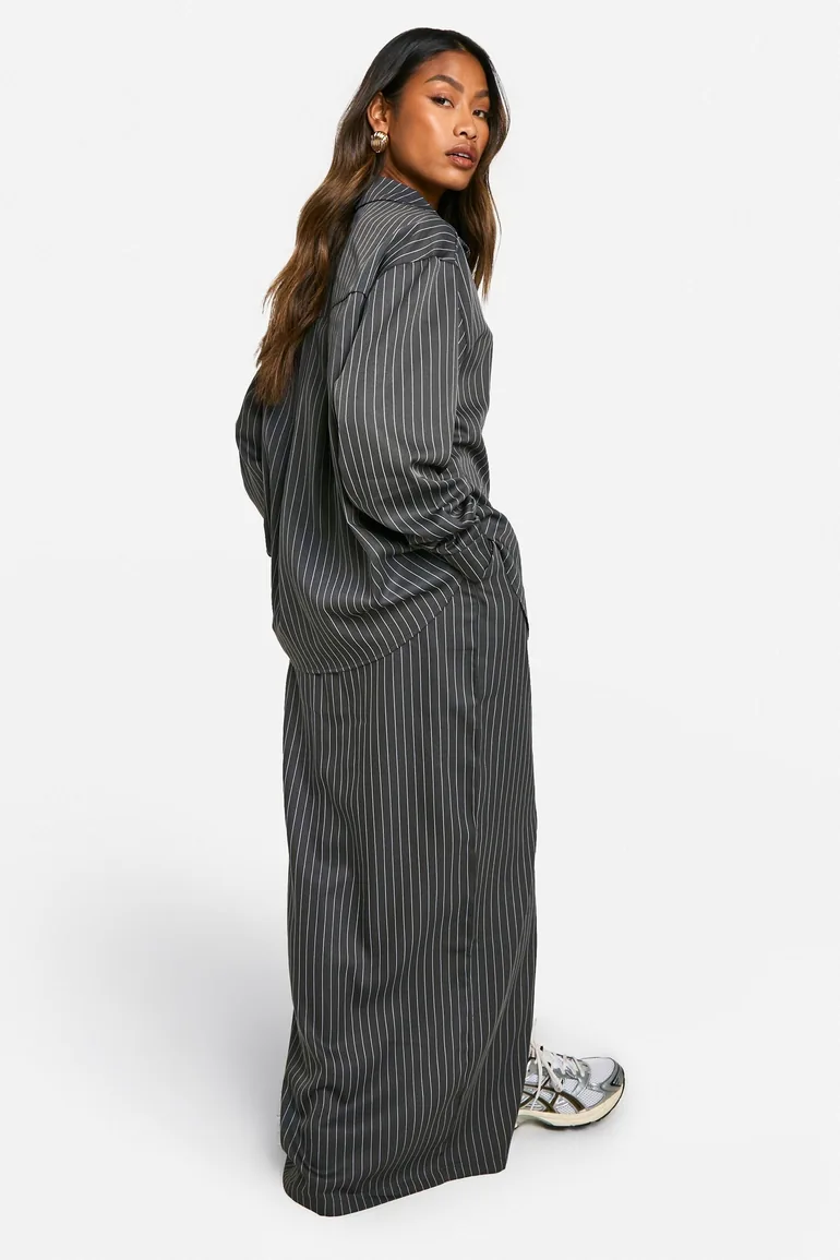 Pinstripe Split Front Maxi Skirt - charcoal - 2