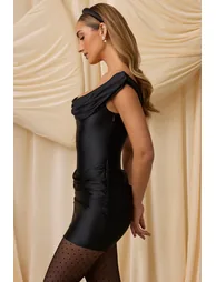 Satin Off-Shoulder Draped Mini Dress in Black - 3