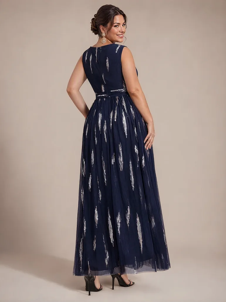 Tulle Sequin Sleeveless A-Line Evening Dress - 6