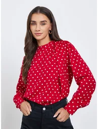 Polka Dot Long Sleeve Pleated Blouse - 1