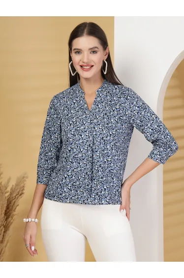 Women Navy Blue Geometric Print Cotton Top