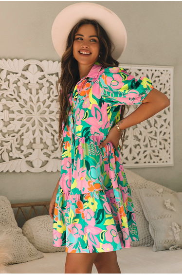 Lvness Green Floral Puff Sleeve Collar Buttoned Babydoll Dress product thumbnail 4
