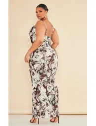 Plus Brown Floral Printed Plisse Cowl Neck Maxi Dress - 1