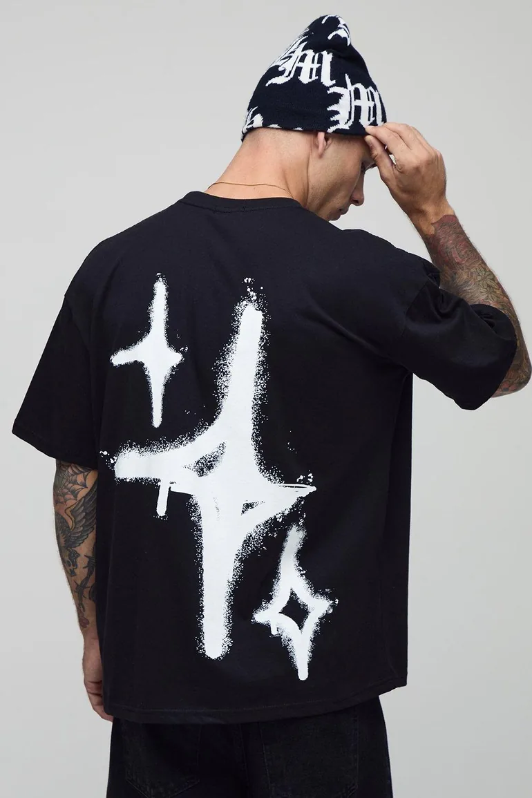 Black Oversized Graffiti Spray Star T-Shirt - black - 1