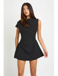 High Asymmetric Neck Ruched Waist Mini Dress - black - 1