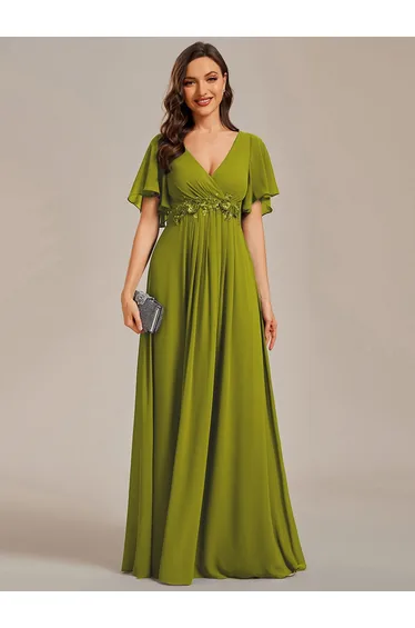 ever IVYROSE|Ruffles Sleeve A-Line Chiffon Waist Applique Maxi Mother of the Bride Dress