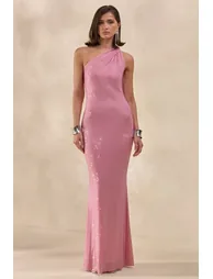 Deity | Pink Embellished Asymmetric-Neck Maxi Dress With Open-Back - 1