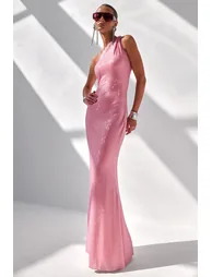 Deity | Pink Embellished Asymmetric-Neck Maxi Dress With Open-Back