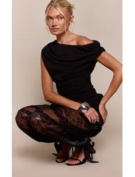 Black Satin Lace Panel Tie Cuff Detail Balloon Trouser - 1