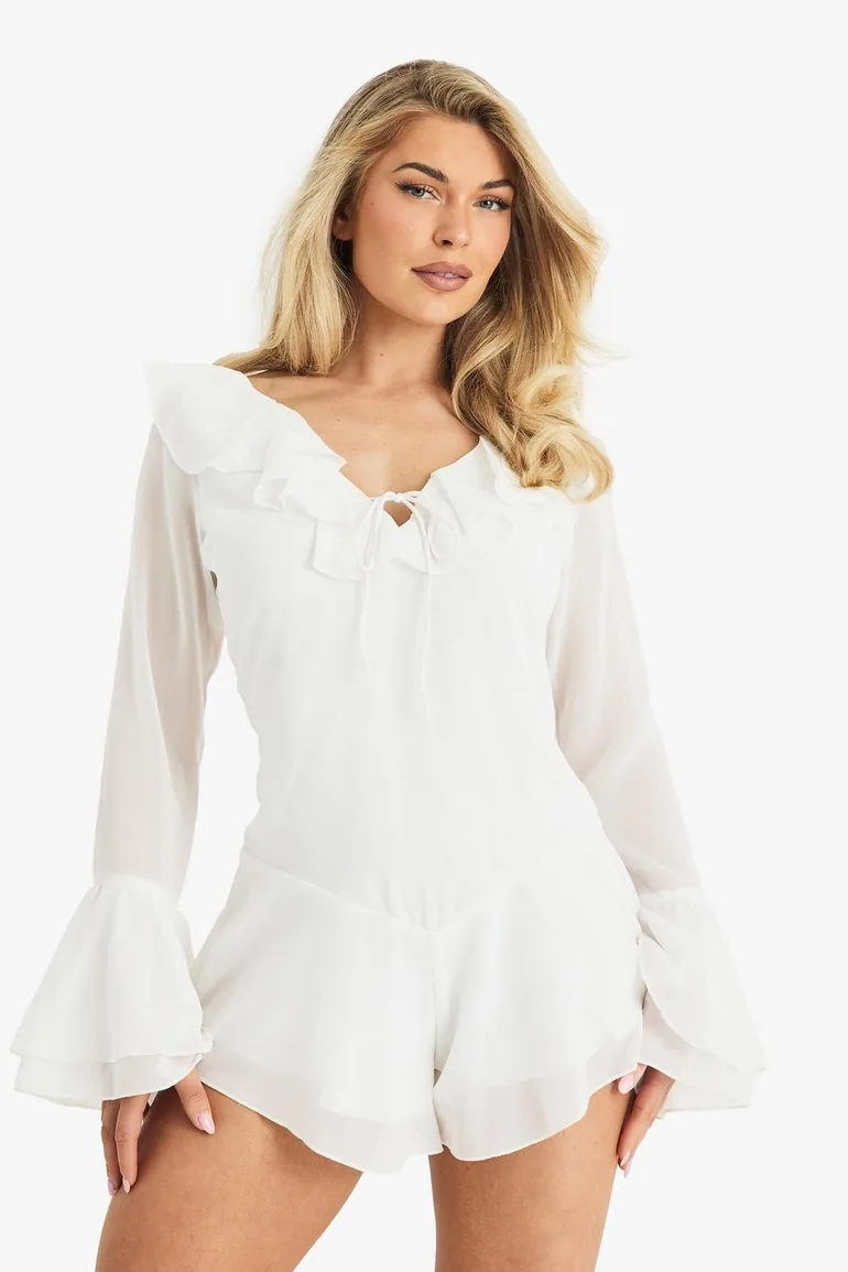Chiffon Ruffle Godet Hem Playsuit