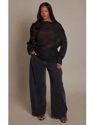 Plus Black Chiffon Drape Long Sleeve Top