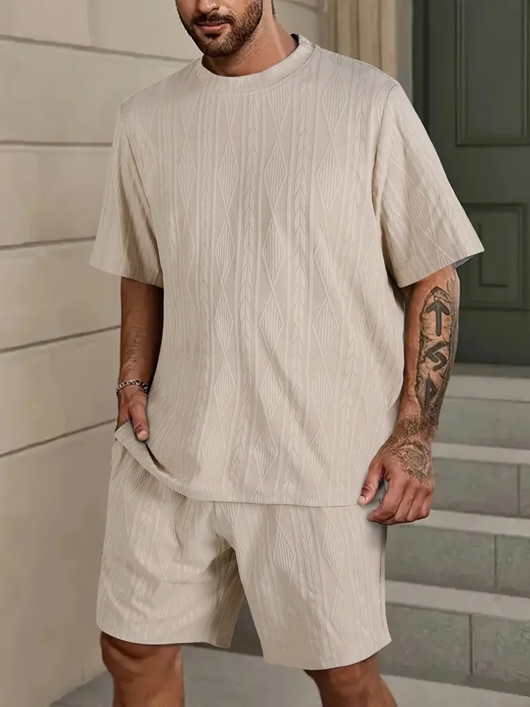 Men Textured Short Sleeve T-Shirt and Shorts Co-Ords
