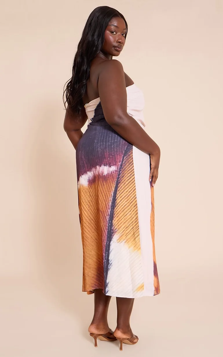 Plus Nude Bandeau Feather Print Column Dress - 1