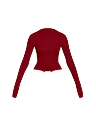 Deep Red Soft Rib Button Down Long Sleeve Top - 4