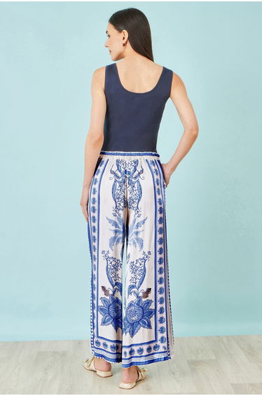 Yumi Blue Satin Print Placement Relaxed Trousers product thumbnail 4