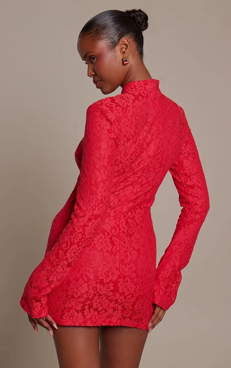 Red Lace Long Sleeve Keyhole Mini Dress - 2