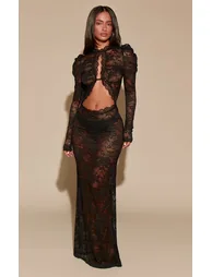 Petite Black Lace Keyhole Cut Out Long Sleeve Maxi Dress