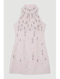 Texture Jacquard Crystal Embellished High Neck Woven Mini Dress - 2