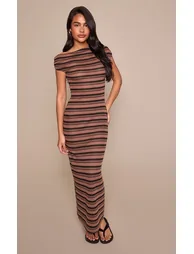 Chocolate Stripe Textured Off the Shoulder Maxi Dress - 2