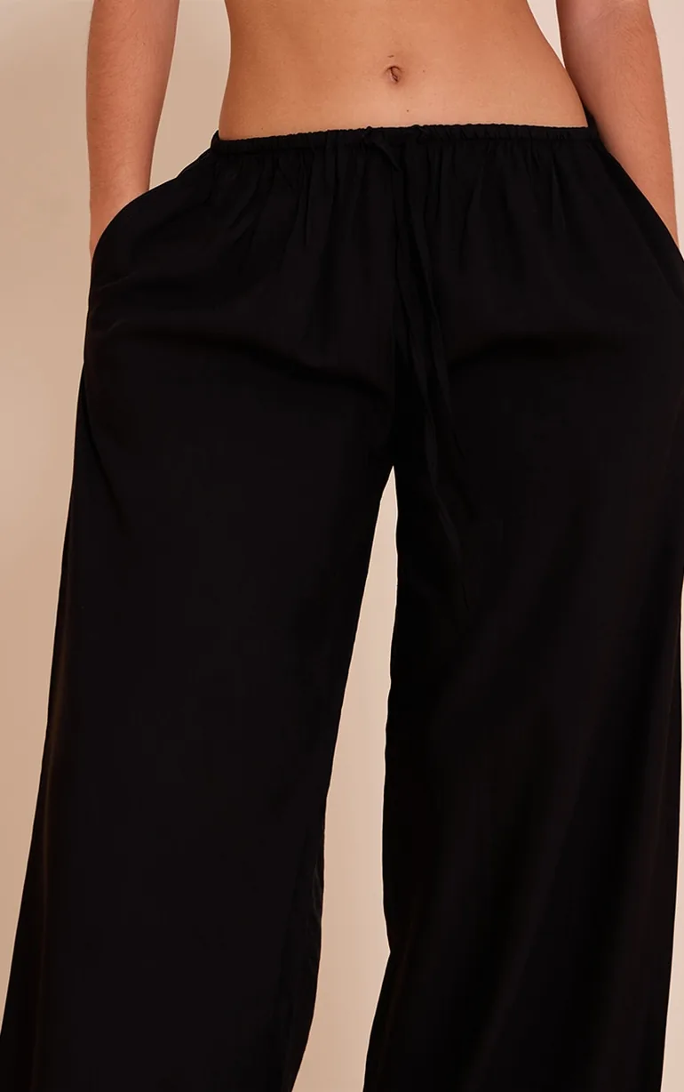 Black Textured Wide Leg Draw String Trousers - 3