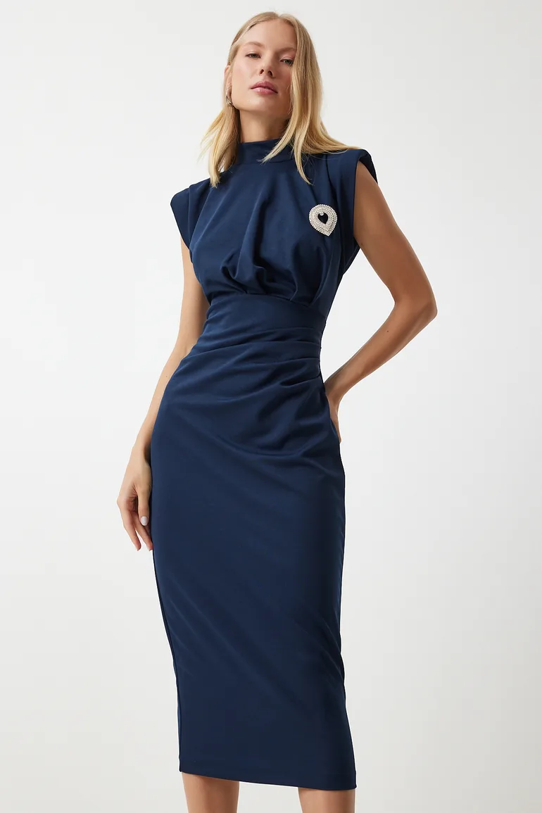 Women's Navy Blue Stylish Brooch Gathered Saran Knitted Dress - 3