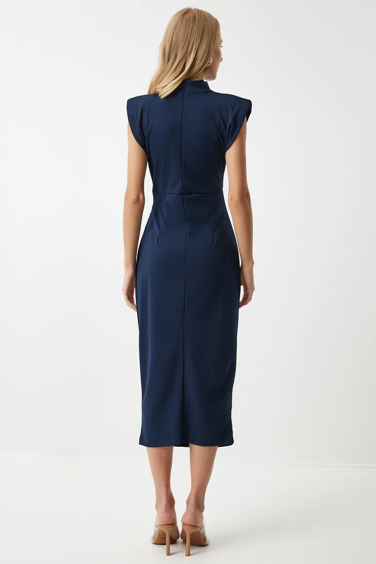 Women's Navy Blue Stylish Brooch Gathered Saran Knitted Dress - 4