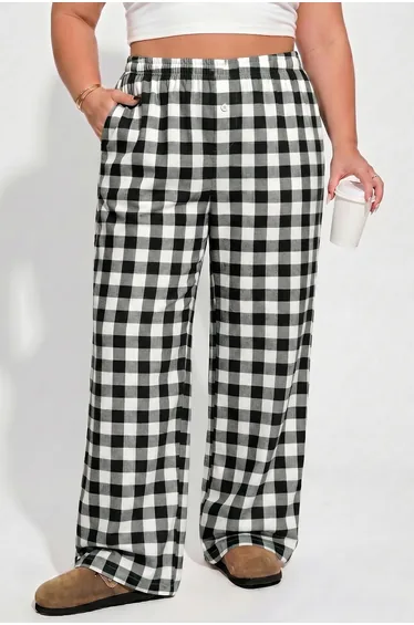 Lvness Black Plus Size Plaid Pattern Elastic Waist Shift Pants