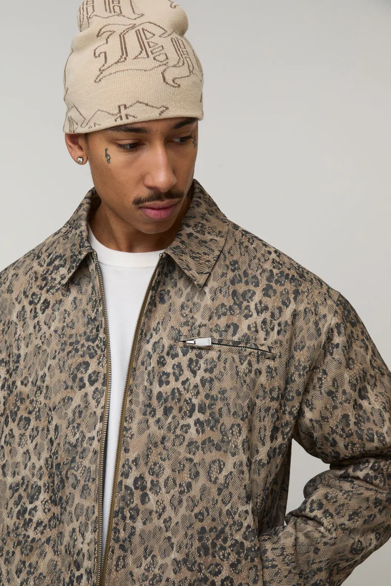 Boxy Fit Leopard Lace Harrington Jacket - brown - 2