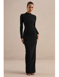 Zelara | Black Jersey High Neck Long Sleeve Maxi Dress With Draped Detailing - 4