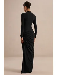 Zelara | Black Jersey High Neck Long Sleeve Maxi Dress With Draped Detailing - 1