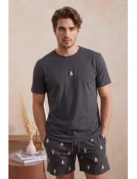 Anthracite Regular Penguin Embroidered Shorts-Tshirt Knitted Pajama Set