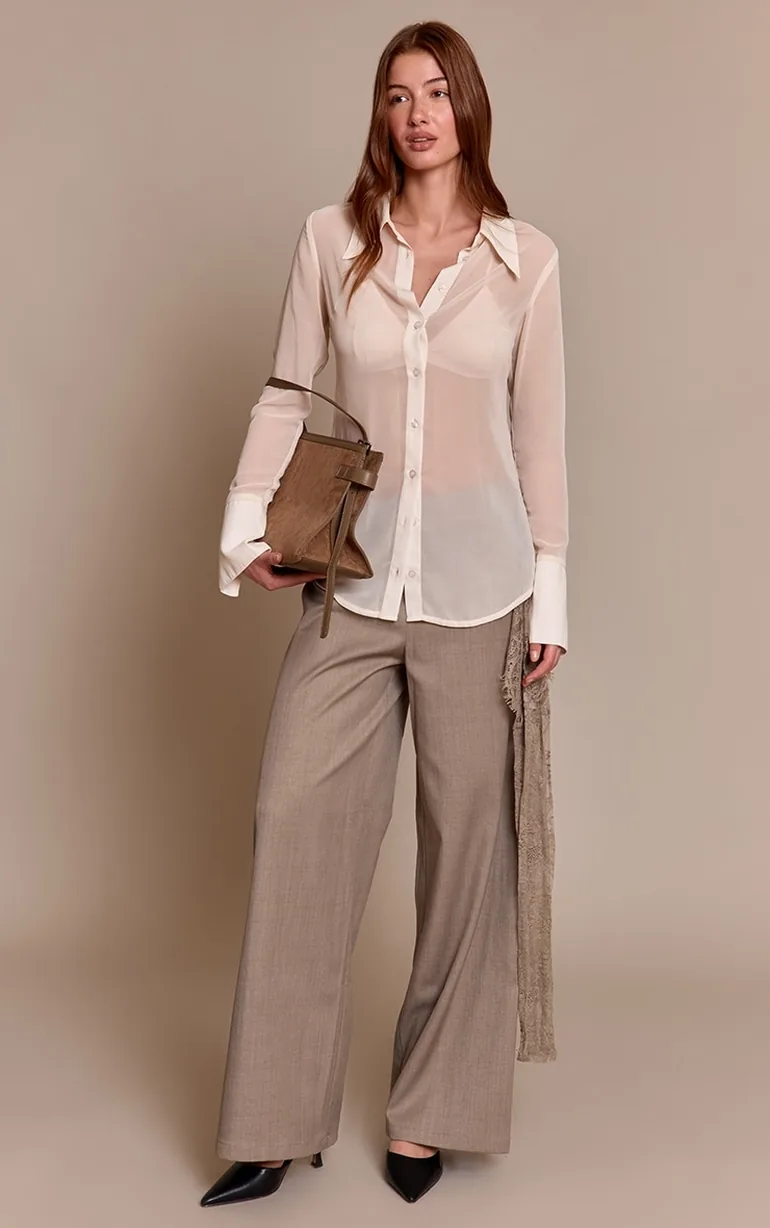 Cream Chiffon Oversized Collar Button Down Fitted Shirt - 2