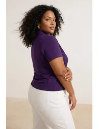 Purple Stand Collar Gathered Sandy Knitted Plus Size Blouse - 5