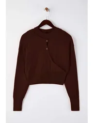 Brown crew neck cardigan knit sweater - 4