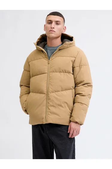 Brown Plain Puffer Jacket with Zip Closure