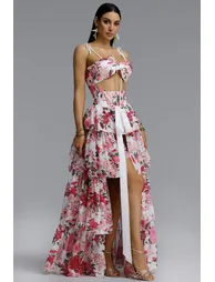Pale Chic Flowy Halter Cut Out Floral Print Ruffle Pink Maxi Dress - 3