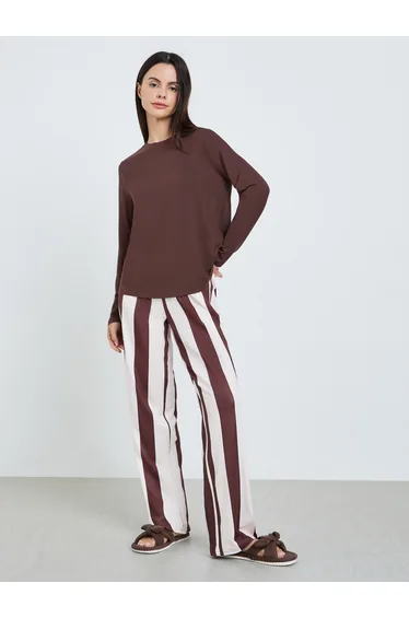 Women Brown Long Sleeve T-Shirt and Striped Pyjama Set