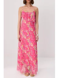Fuchsia Printed A-Line/ Bell-Shape Thin Straps Flounces/Ruffles Maxi Knitted Dress - 2